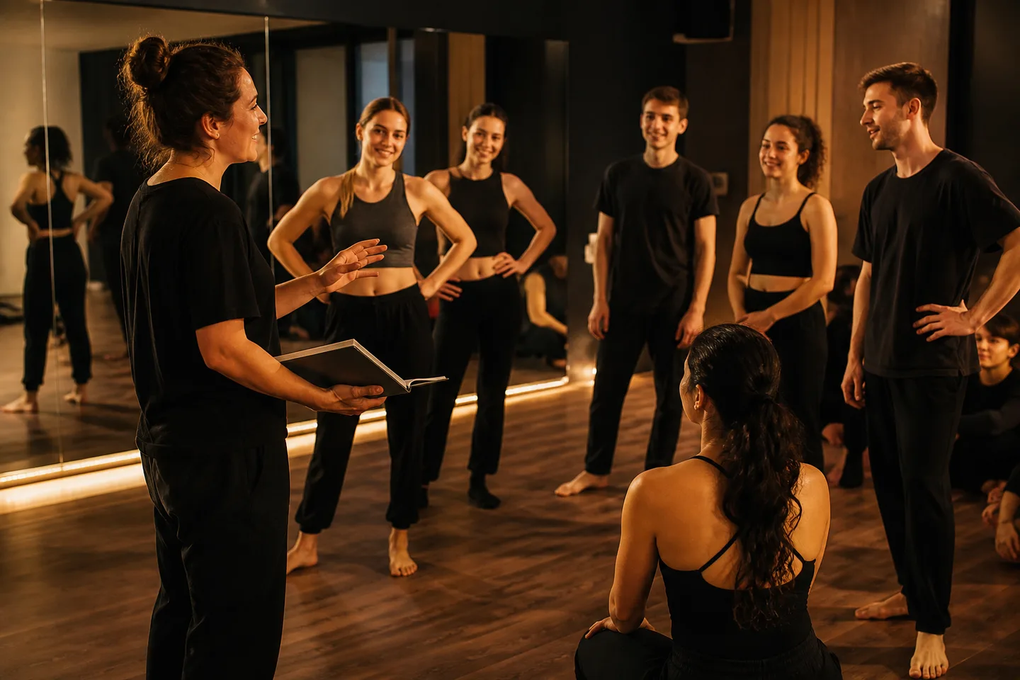 Profesora guiando a un grupo en una clase de baile